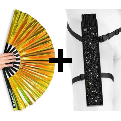 Gold iridescent festival fan with black glitter fan holster bundle option