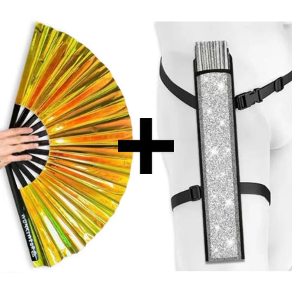 Gold iridescent festival fan with silver glitter fan holster bundle for raves