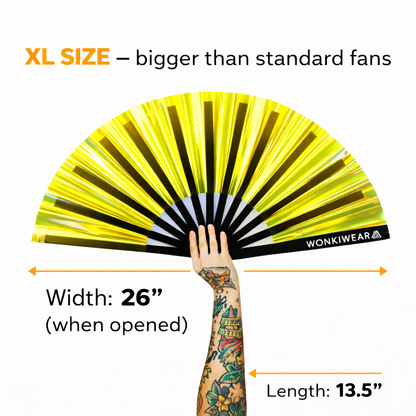 Gold iridescent XL festival fan size 26 inch width and 13.5 inch length dimensions