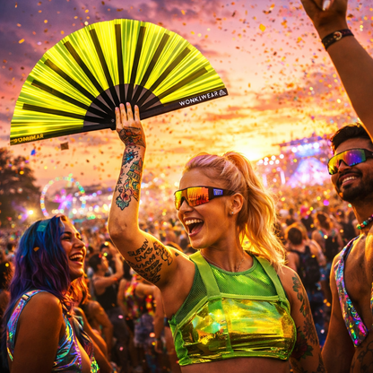 Gold iridescent festival fan in crowd at rave, XL reflective hand fan being used at sunset