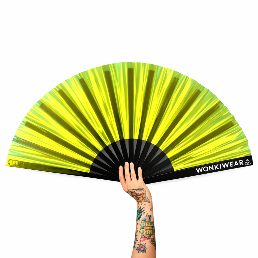 Gold iridescent festival fan XL by WonkiWear UK, reflective rave hand fan