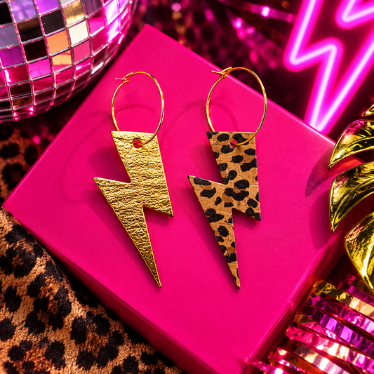 Gold and leopard print reversible lightning bolt earrings with gold hoops