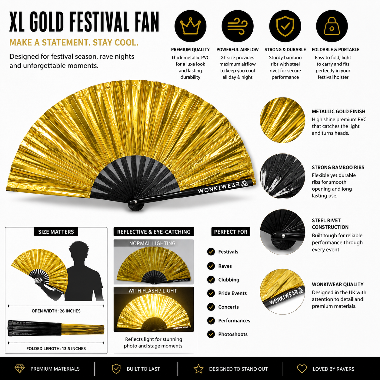 Benefits guide showing airflow durability portability and premium finish of metallic gold festival fan