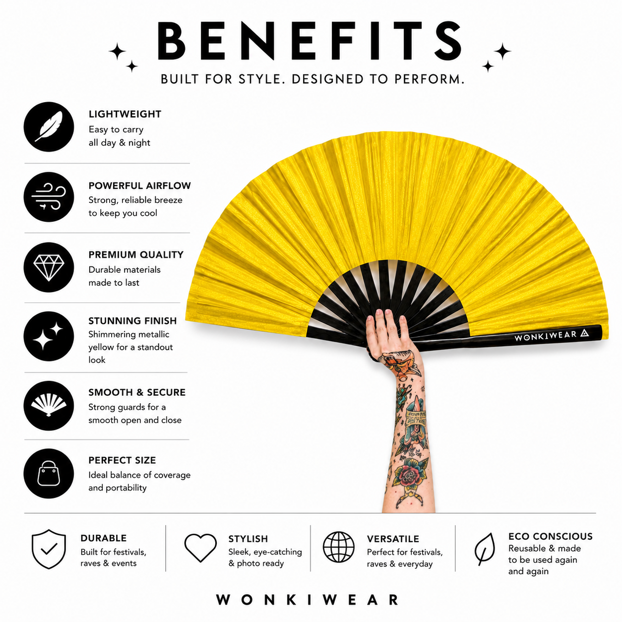 Benefits infographic for WonkiWear XL gold shimmer festival fan