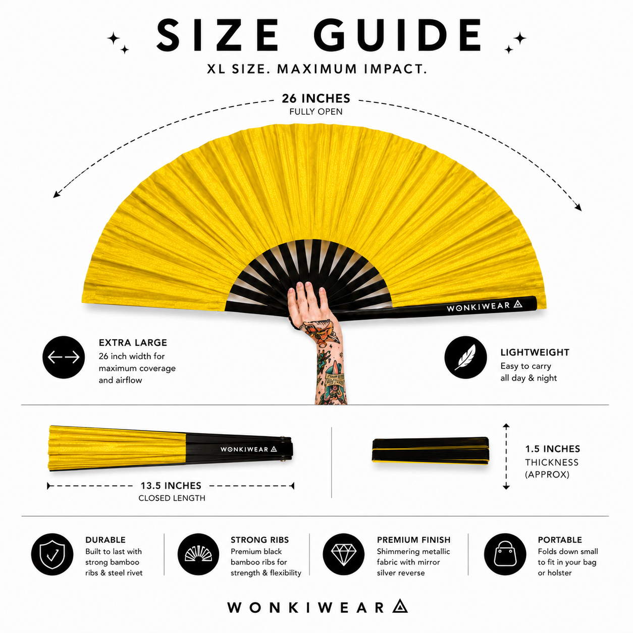 26 inch size guide for XL gold shimmer festival fan