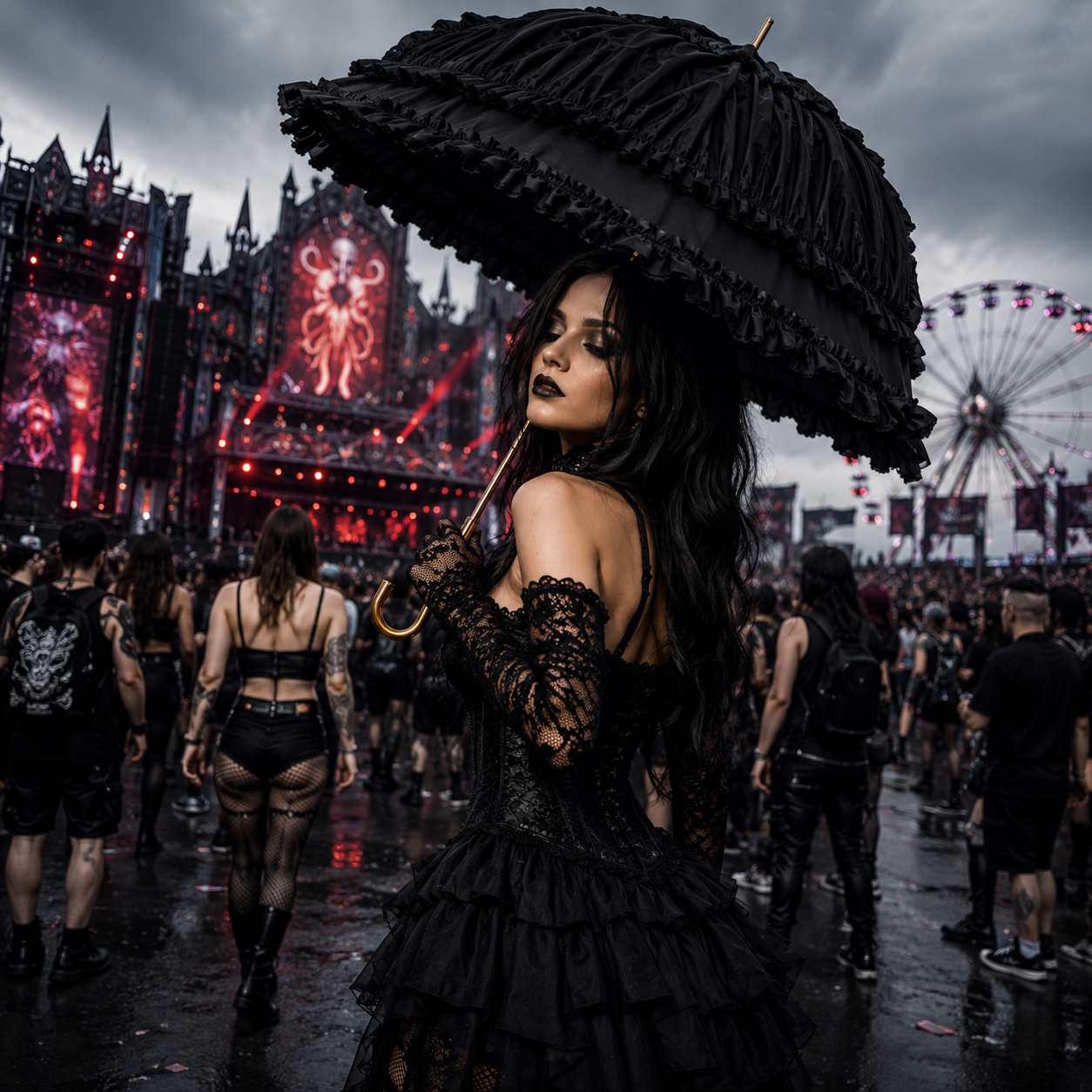 Alternative festival attendee carrying a black gothic lace umbrella at an outdoor music festival.