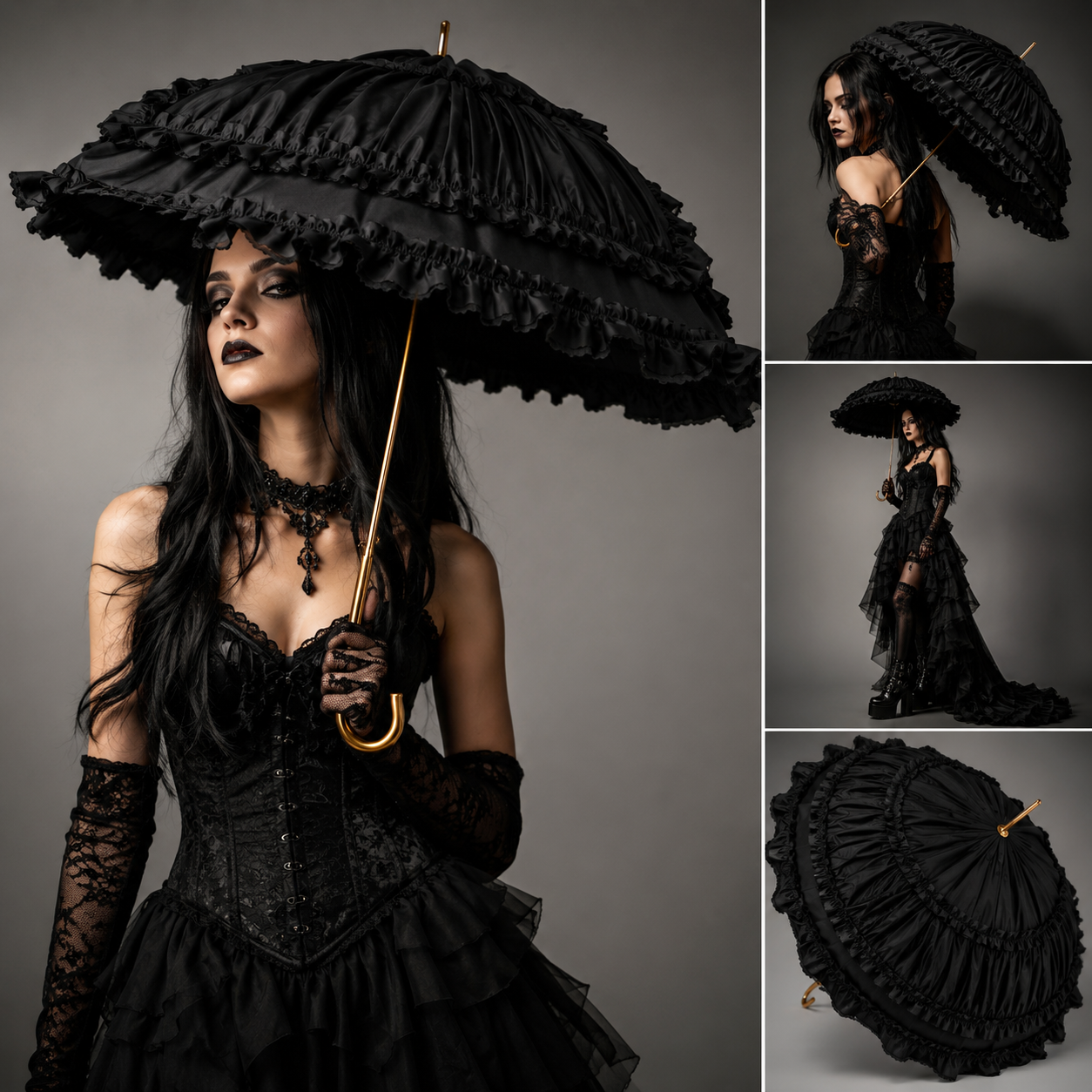 Gothic fashion model posing with a black lace dome umbrella in a studio photoshoot.
