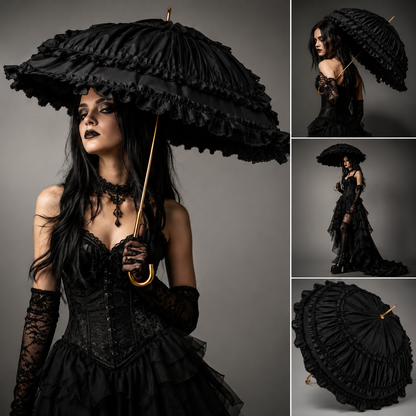 Gothic fashion model posing with a black lace dome umbrella in a studio photoshoot.