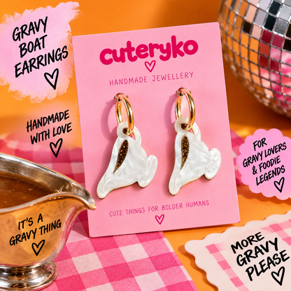 Gravy boat hoop earrings with pearlescent white charms and gold detailing by Cuteryko