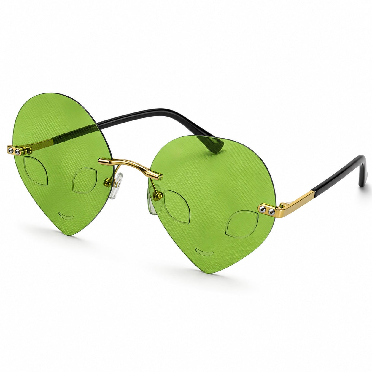 Green alien shaped festival glasses angled product view