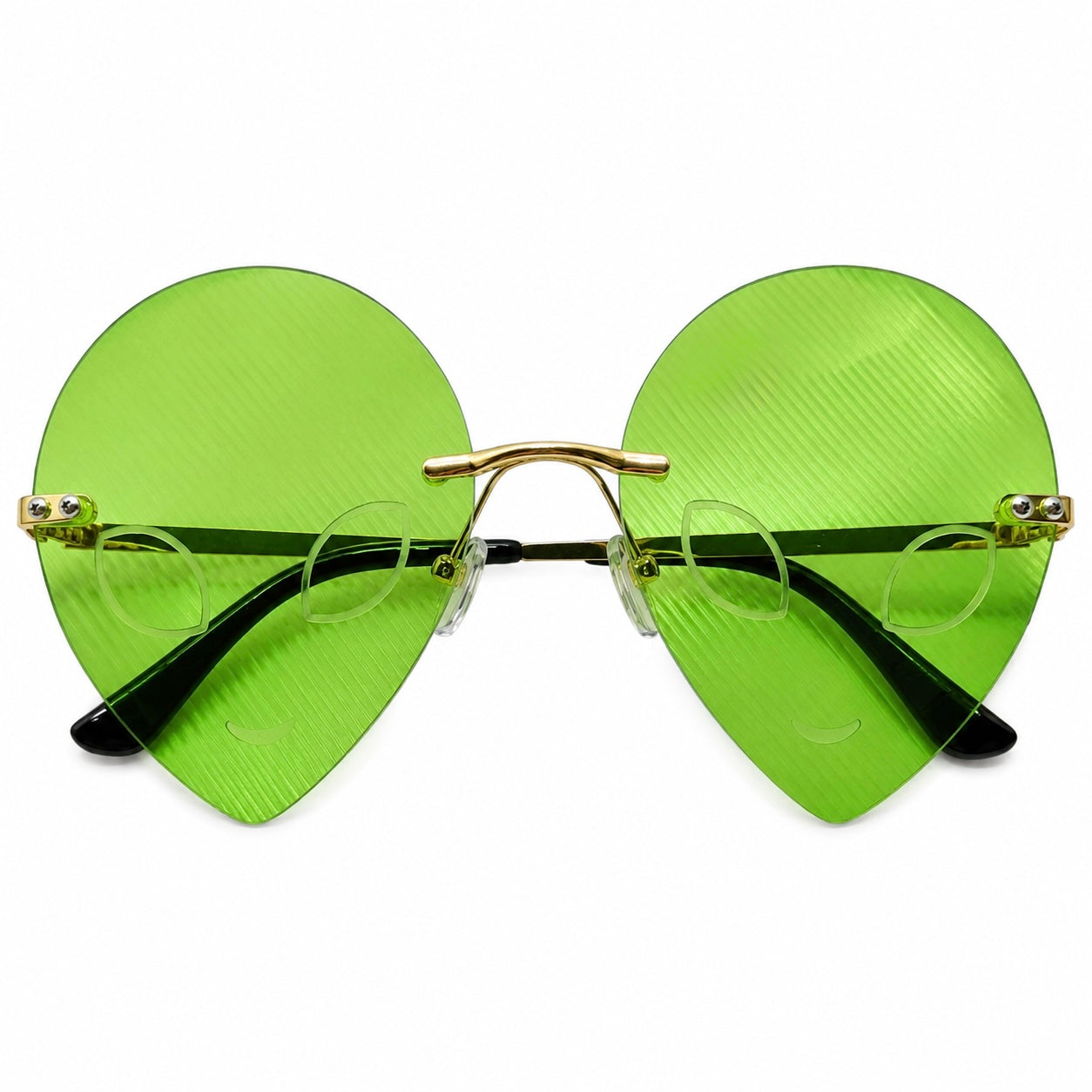 Green alien shaped festival glasses front view