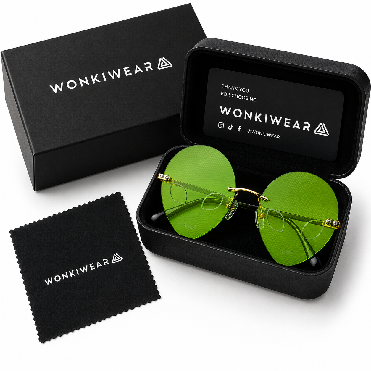 Green alien shaped festival glasses in premium WonkiWear gift box