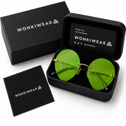 Green alien shaped festival glasses in premium WonkiWear gift box