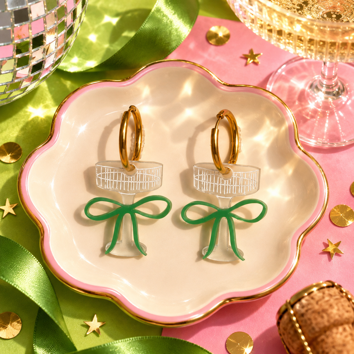 Green Bow Champagne Glass Hoop Earrings with translucent champagne glass charms and green bows by Cuteryko
