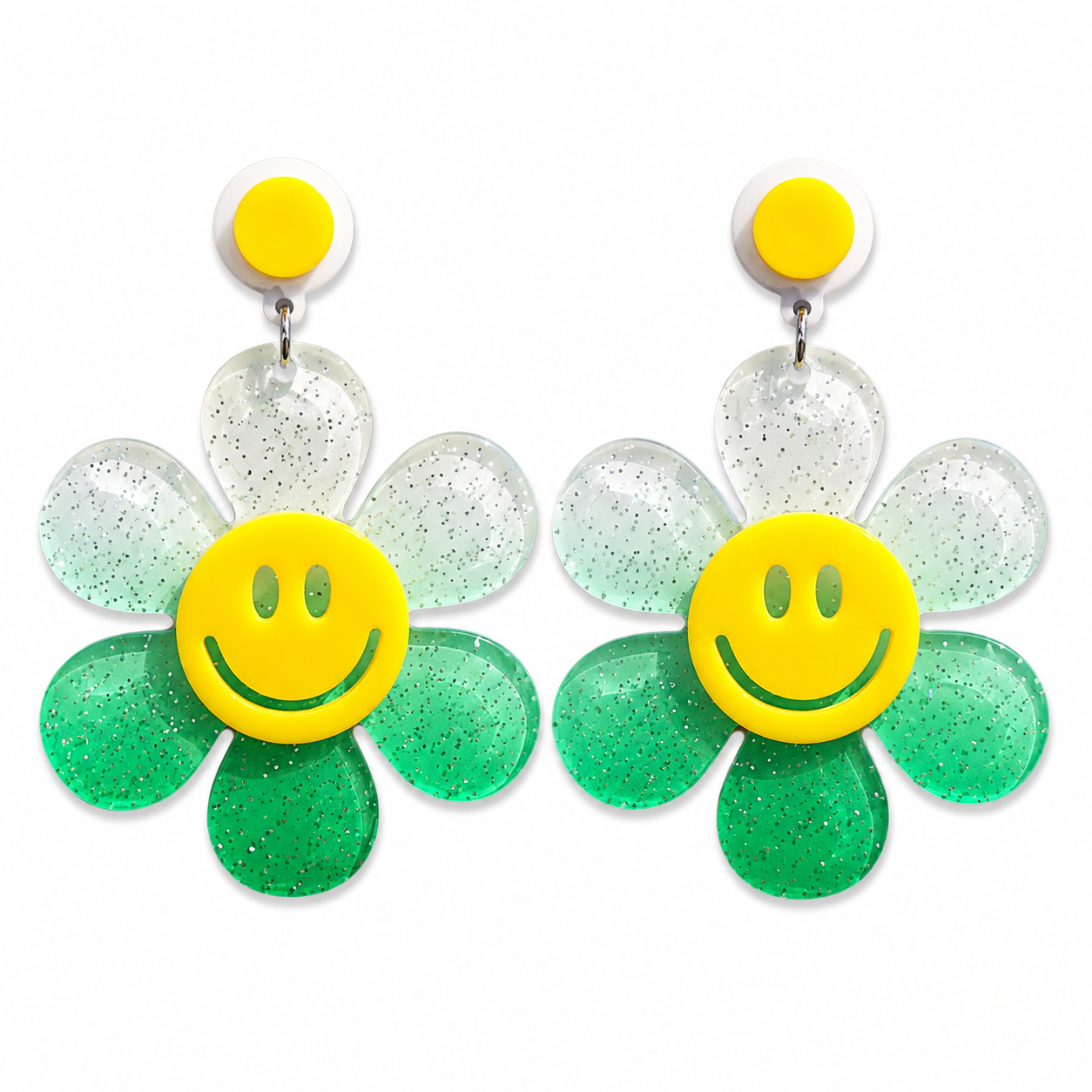 Oversized green glitter daisy statement earrings with smiley flower centre