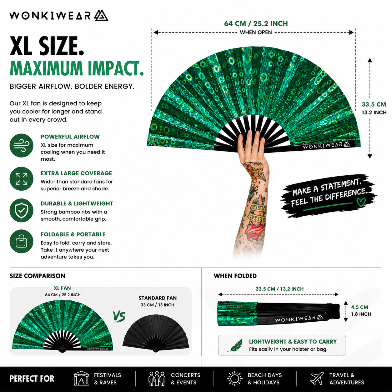 Size guide showing dimensions of green holographic XL festival fan