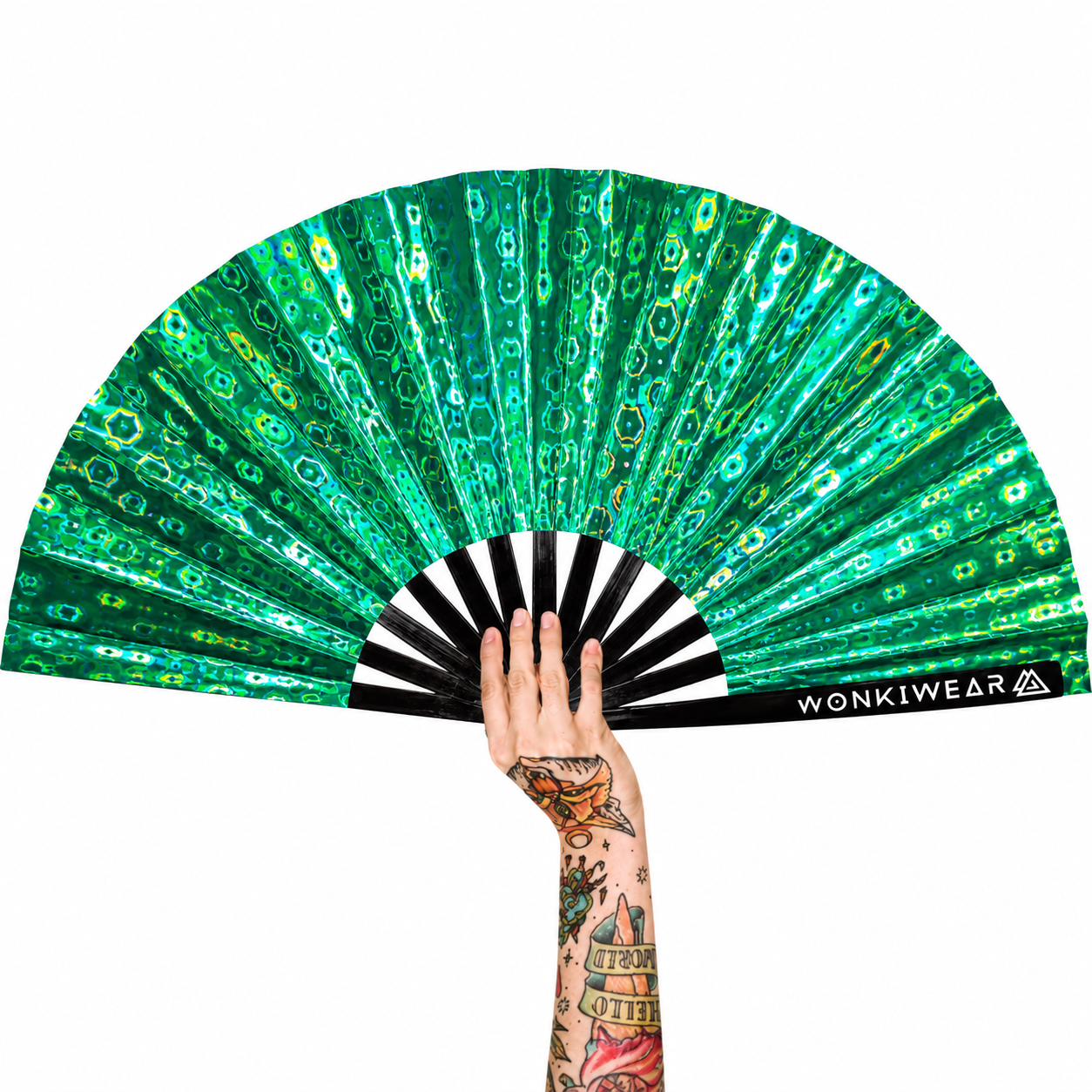 XL green holographic festival fan with silver mirror reverse