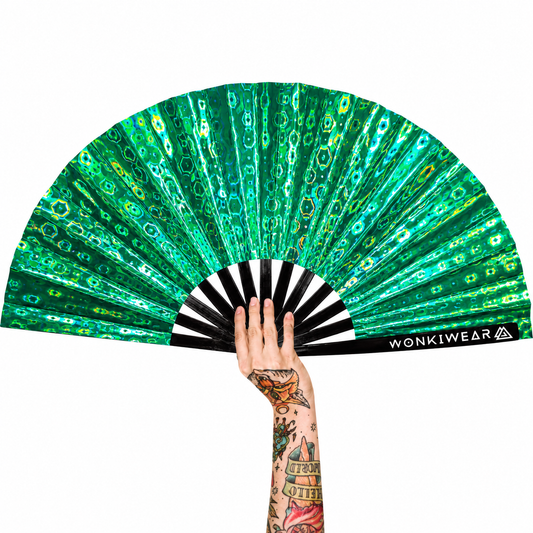 XL green holographic festival fan with silver mirror reverse