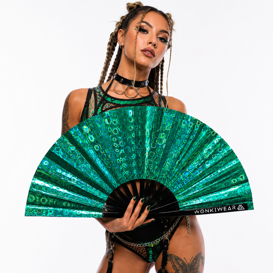 Female rave model holding green holographic XL festival fan