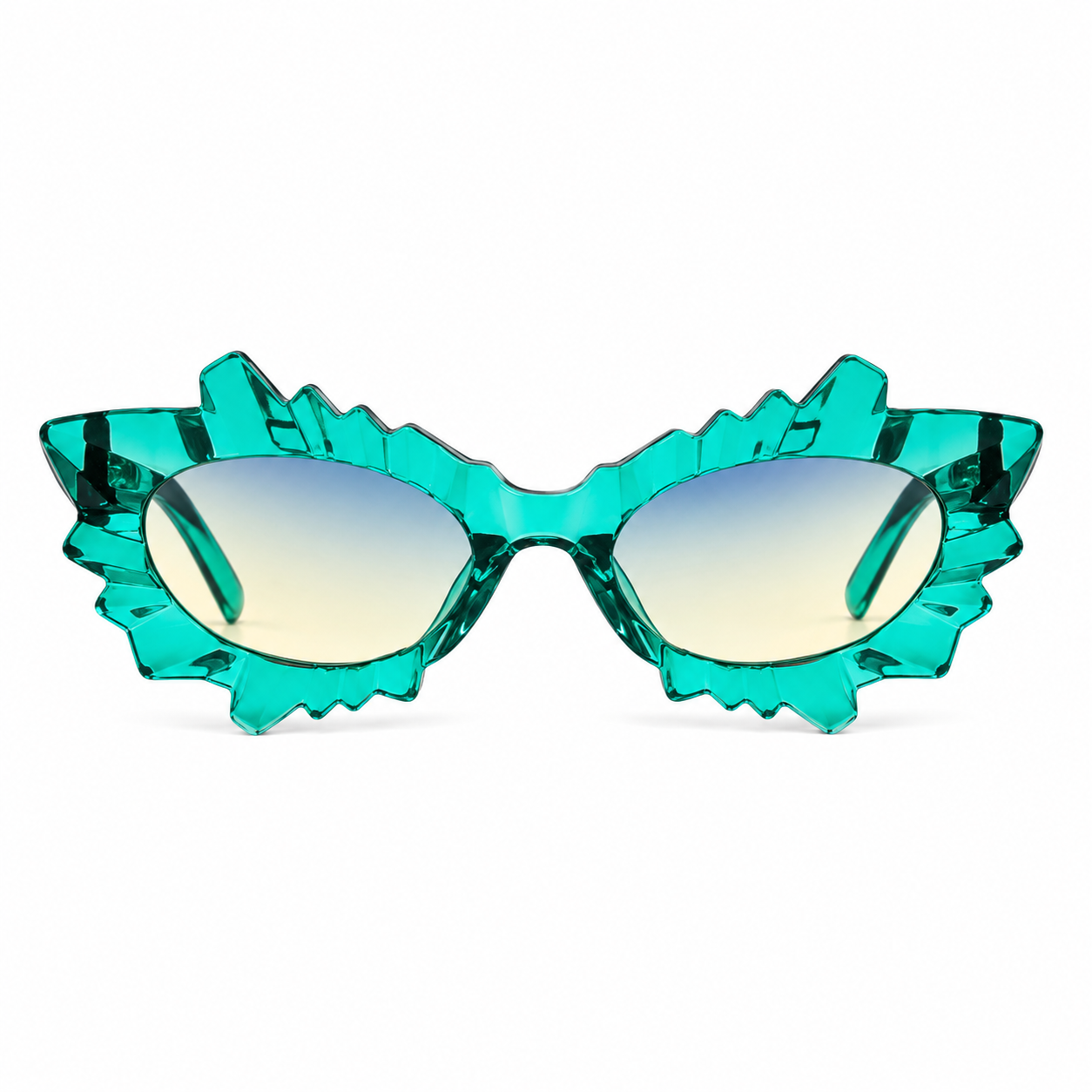 Green irregular cat eye festival sunglasses on white background