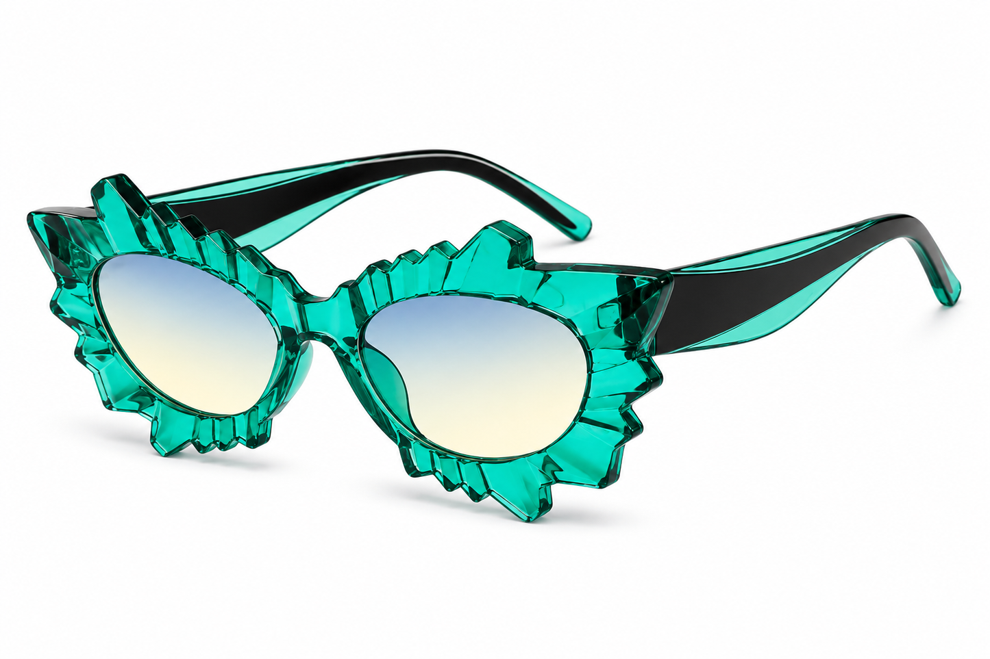 Angled view of green irregular cat eye rave sunglasses