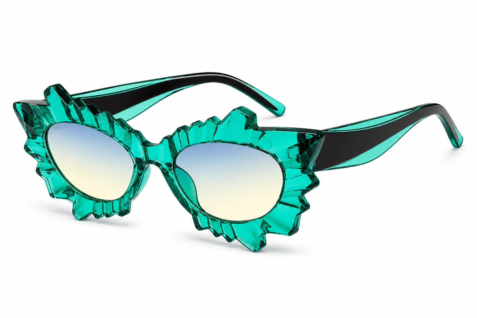 Angled view of green irregular cat eye rave sunglasses