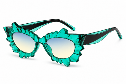 Angled view of green irregular cat eye rave sunglasses