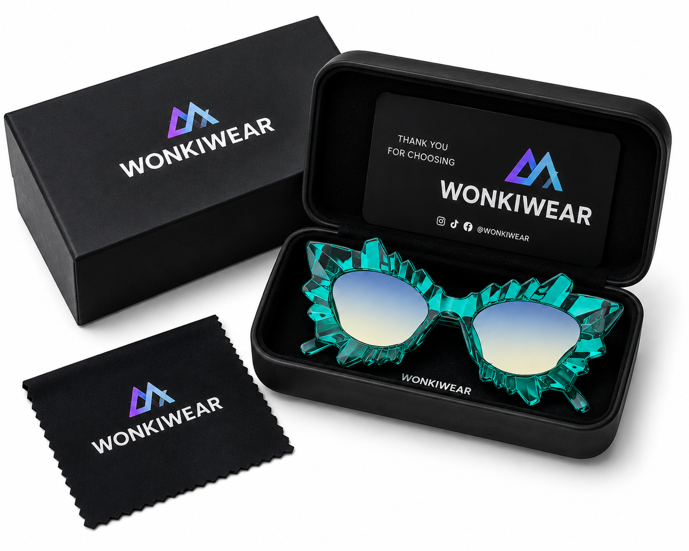 Green irregular cat eye sunglasses in WonkiWear premium gift box