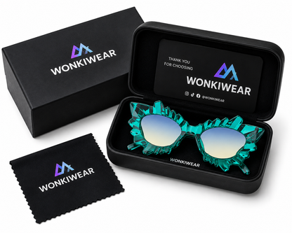 Green irregular cat eye sunglasses in WonkiWear premium gift box