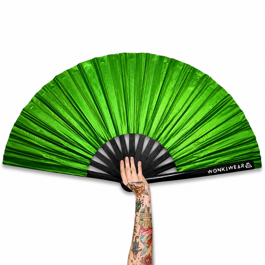 XL green shimmer festival fan with black bamboo ribs and WonkiWear logo