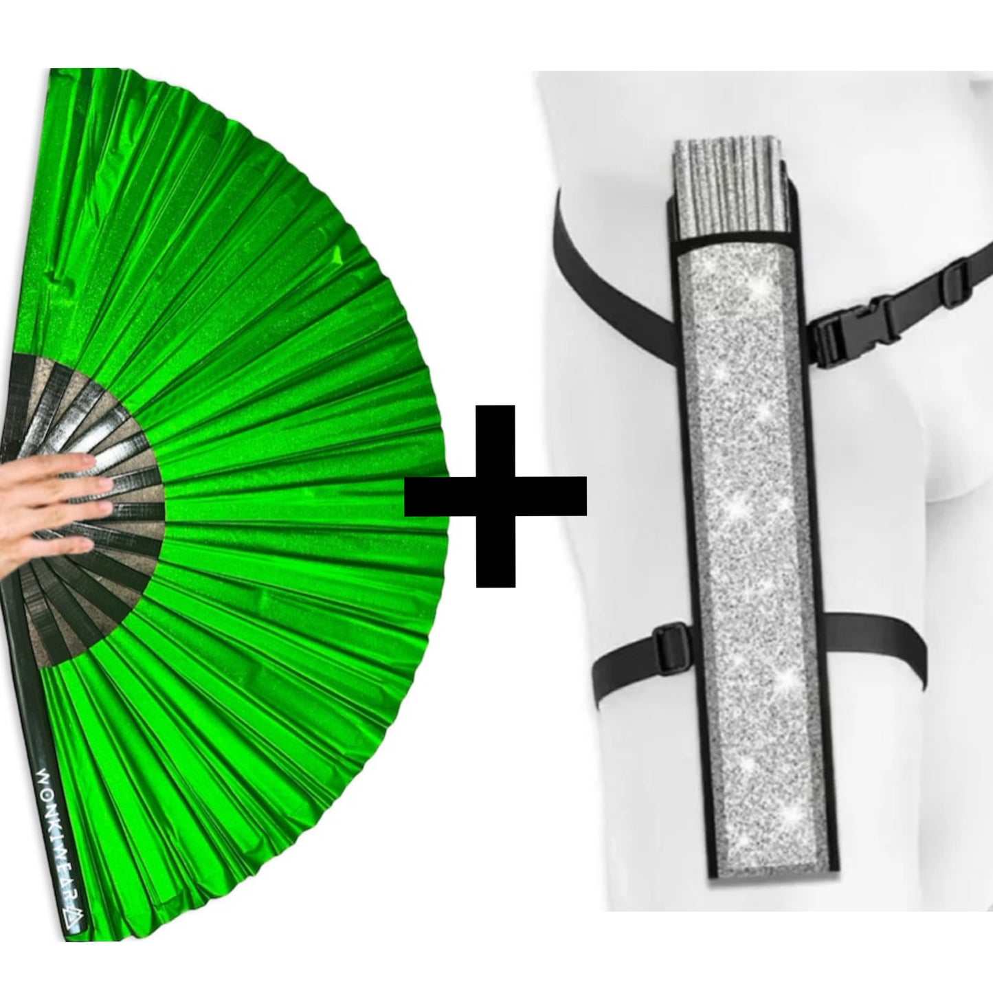 WonkiWear green shimmer festival fan with matching silver fan holster