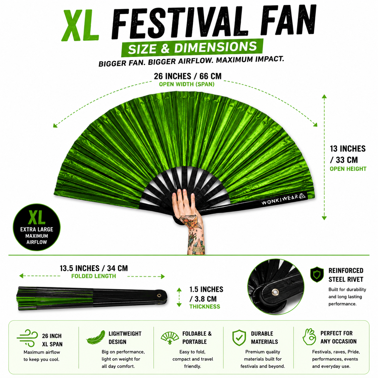 Size infographic showing 26 inch dimensions of XL green shimmer festival fan