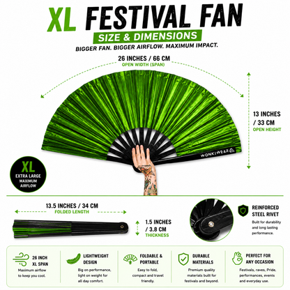 Size infographic showing 26 inch dimensions of XL green shimmer festival fan
