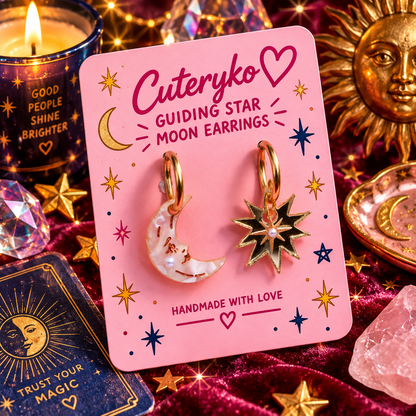 Guiding Star and Moon hoop earrings with pearlescent crescent moon and gold starburst charms by Cuteryko