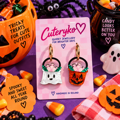 Halloween Candy Bucket hoop earrings with ghost and pumpkin candy bucket charms by Cuteryko
