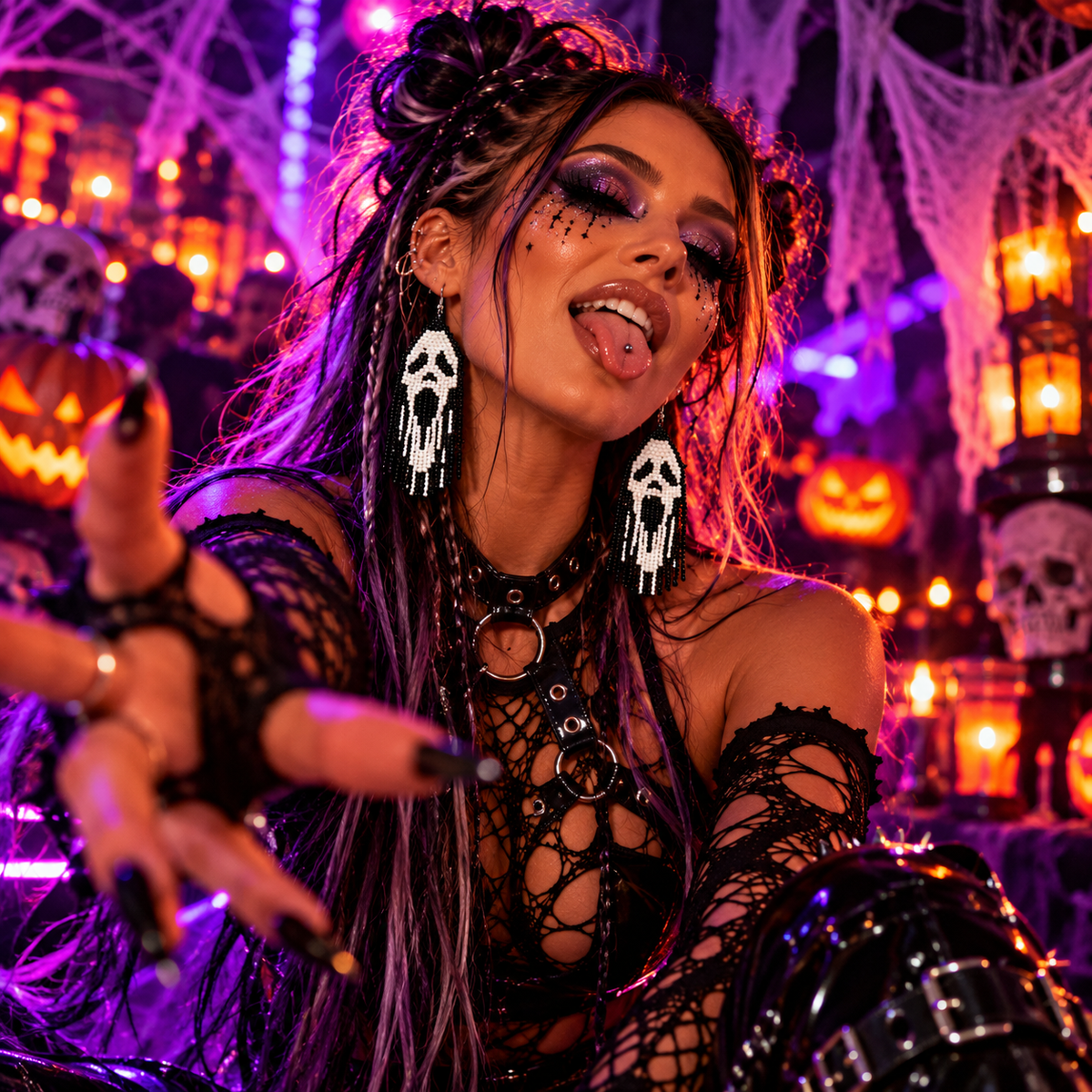 Woman wearing handmade beaded ghost face earrings at a neon Halloween rave.