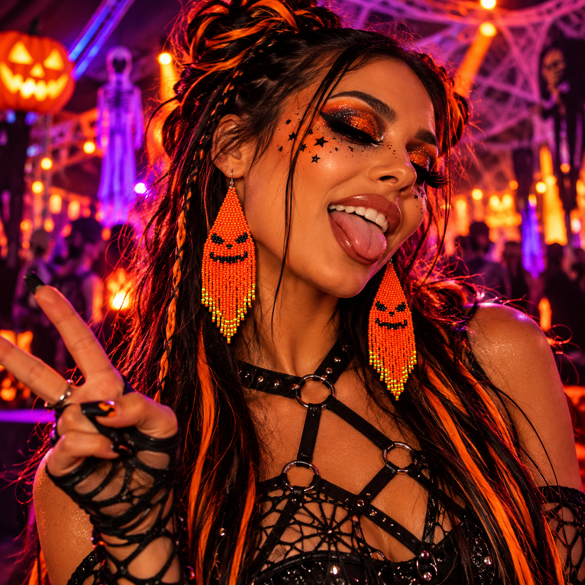 Woman wearing handmade jack-o-lantern beaded earrings at a colourful Halloween rave.