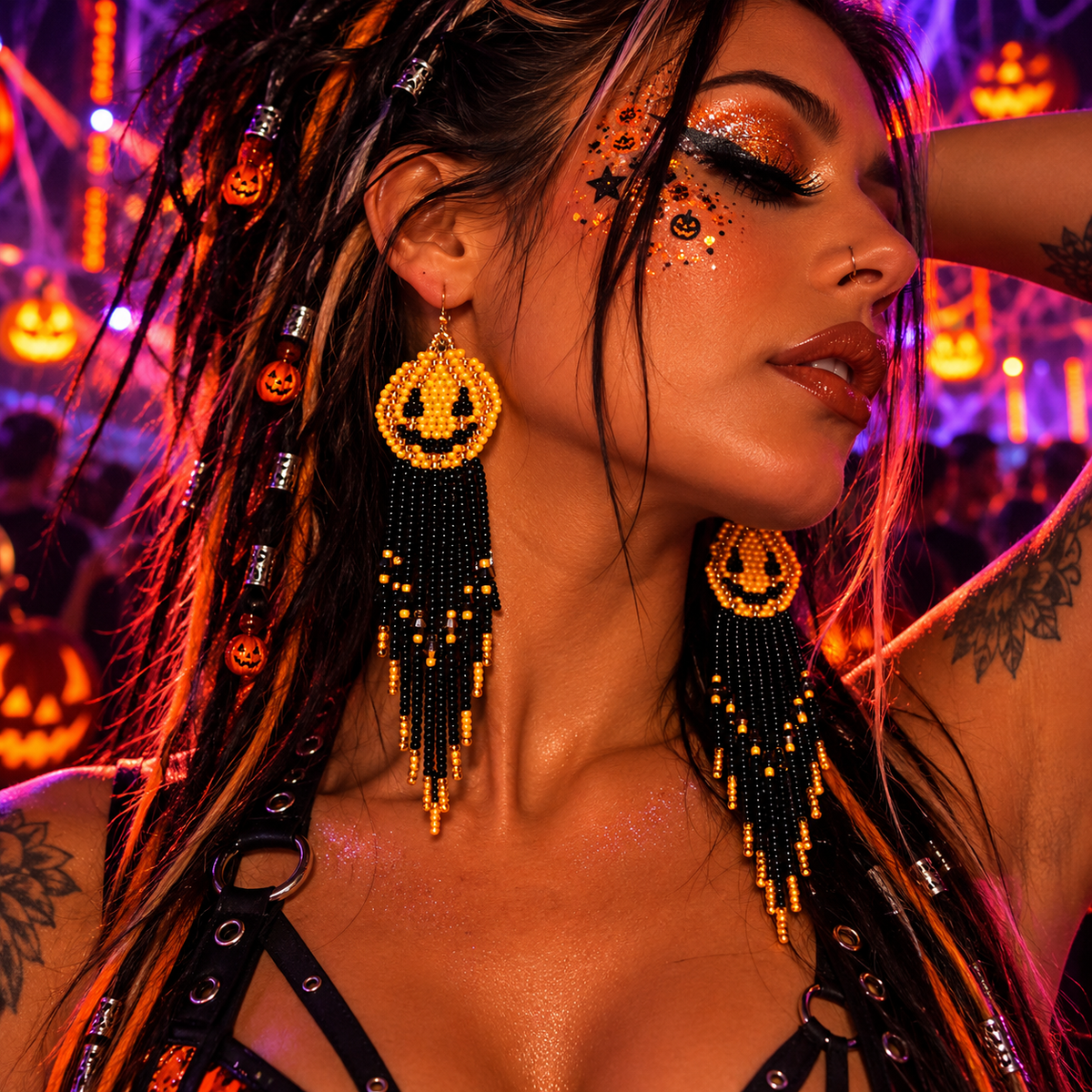 Woman wearing long pumpkin beaded fringe earrings at a Halloween rave festival