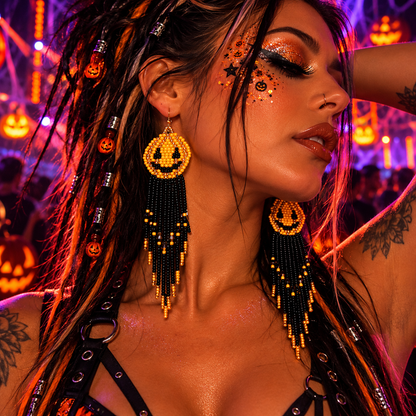 Woman wearing long pumpkin beaded fringe earrings at a Halloween rave festival