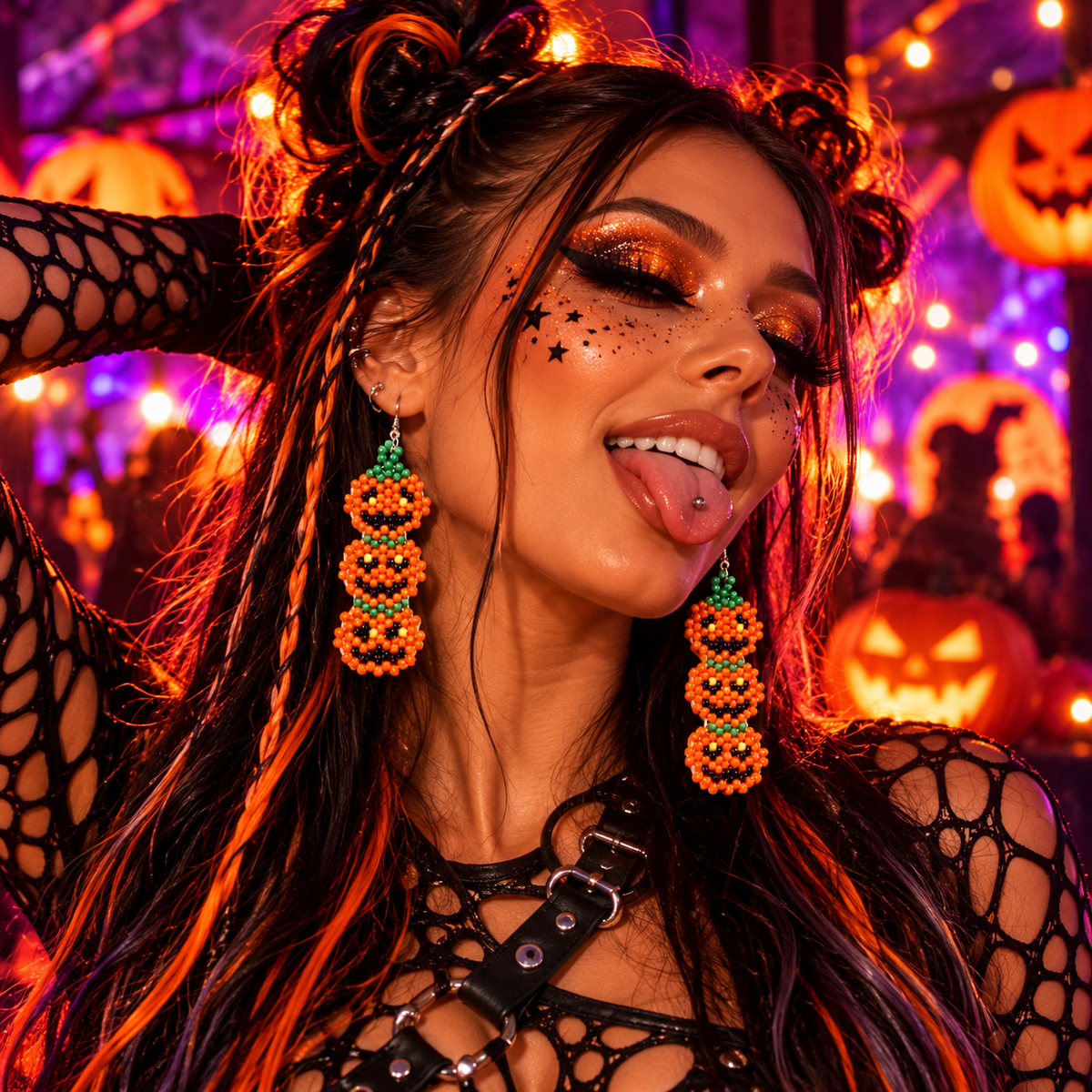 Woman wearing handmade pumpkin stack beaded earrings at a colourful Halloween rave