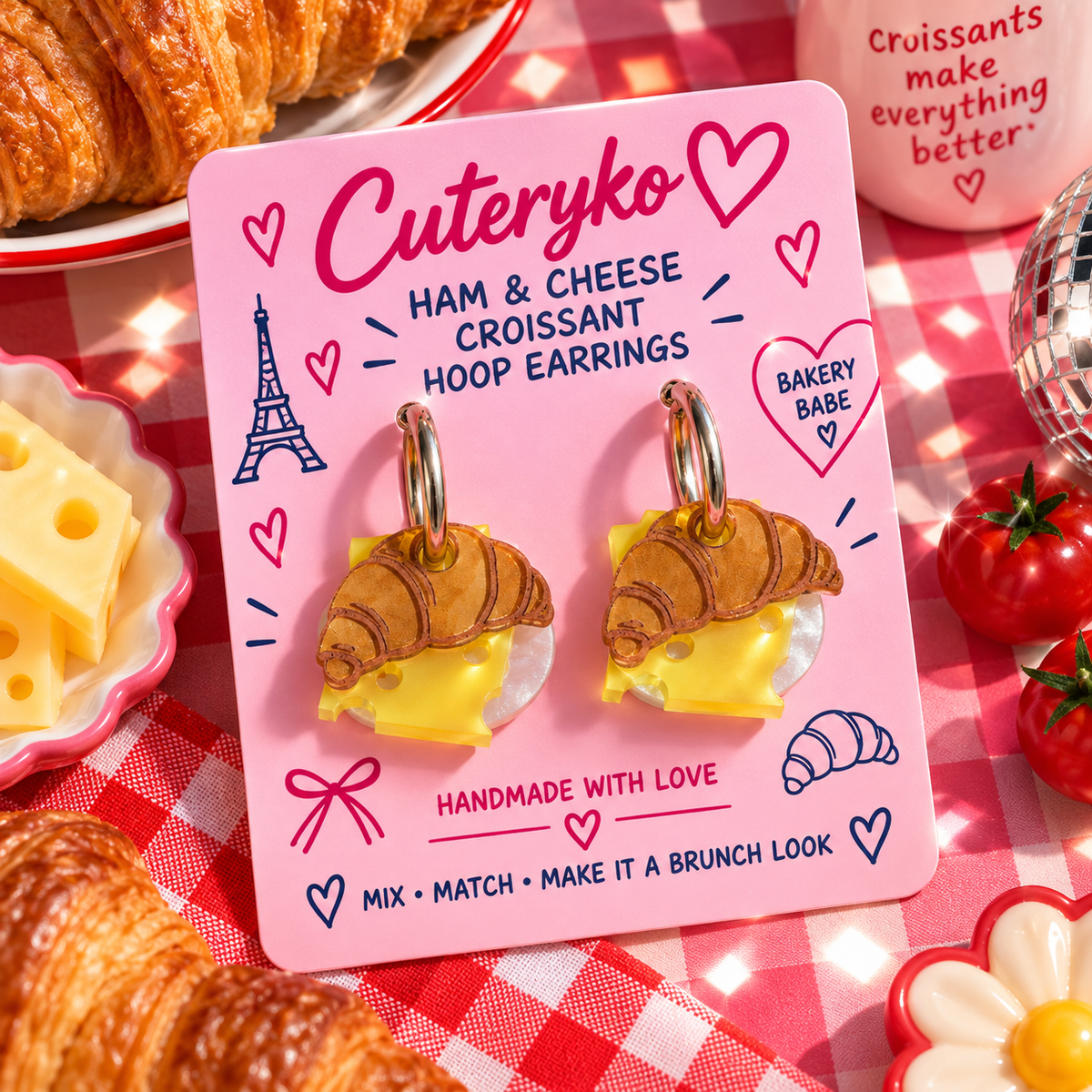 Ham and cheese croissant hoop earrings with croissant, ham and cheese charms by Cuteryko