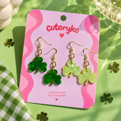 Handmade shamrock earrings in emerald green and light green by Cuteryko with sterling silver hooks