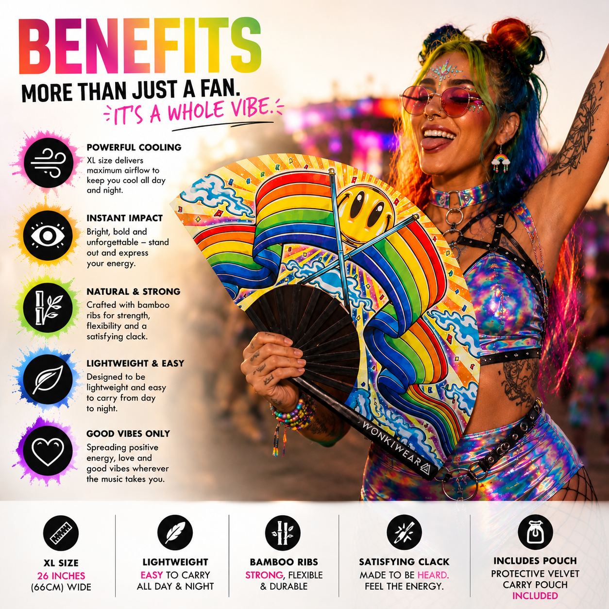 Benefits of Happy Pride XL festival fan including airflow, clack sound and bamboo ribs