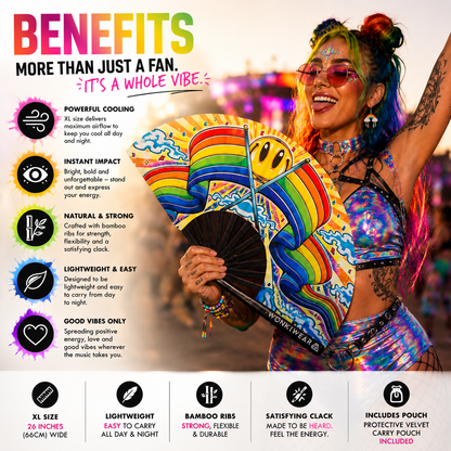 Benefits of Happy Pride XL festival fan including airflow, clack sound and bamboo ribs