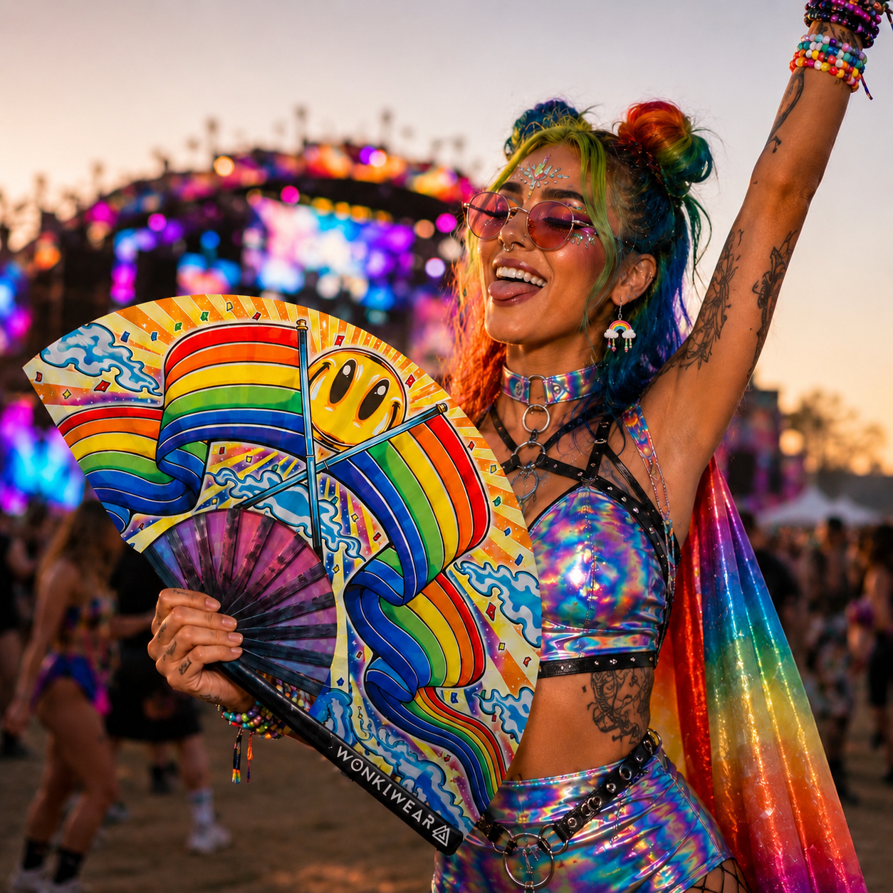Festival model holding Happy Pride XL festival fan during Pride celebration