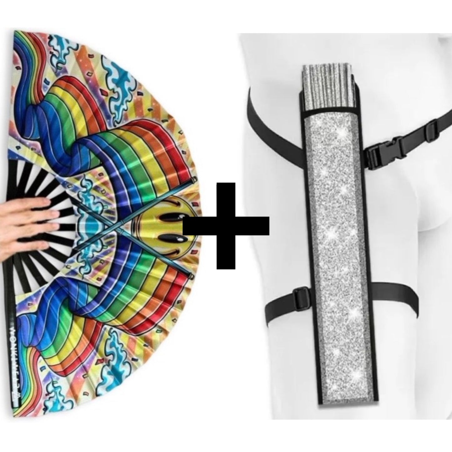 Happy Pride XL festival fan with optional wearable silver fan holster