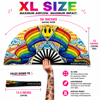 Happy Pride XL festival fan size dimensions showing 26 inch width and 13.5 inch folded length