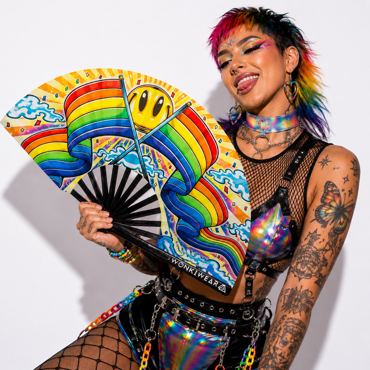 Studio photoshoot featuring Happy Pride XL folding hand fan
