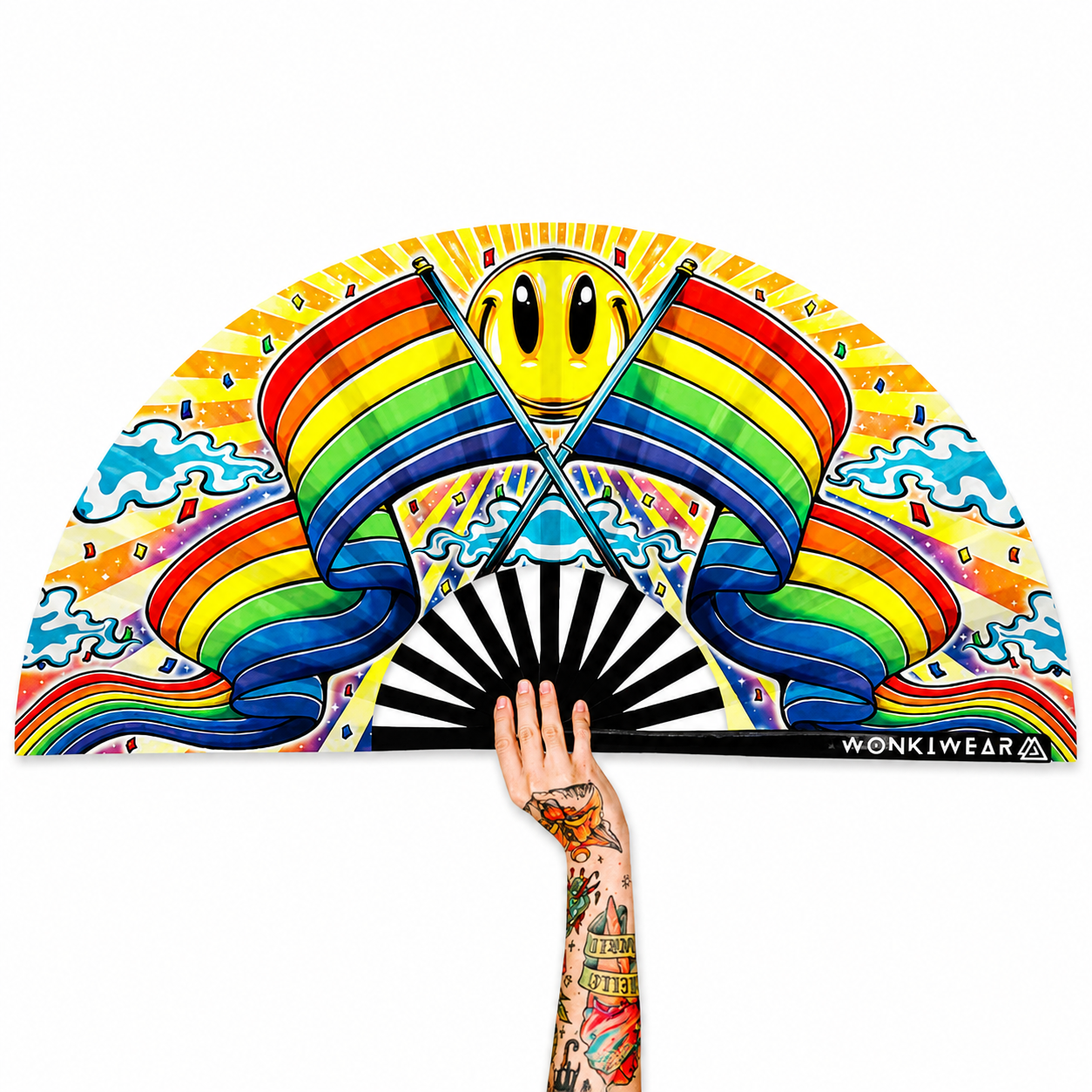Happy Pride XL festival fan with rainbow artwork and smiley face design