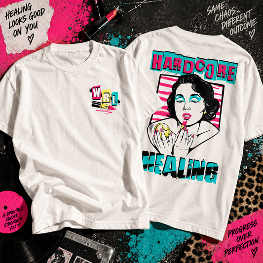 Hardcore Healing graphic tee with retro pop-art woman and bold Matthew Oldfield collaboration design
